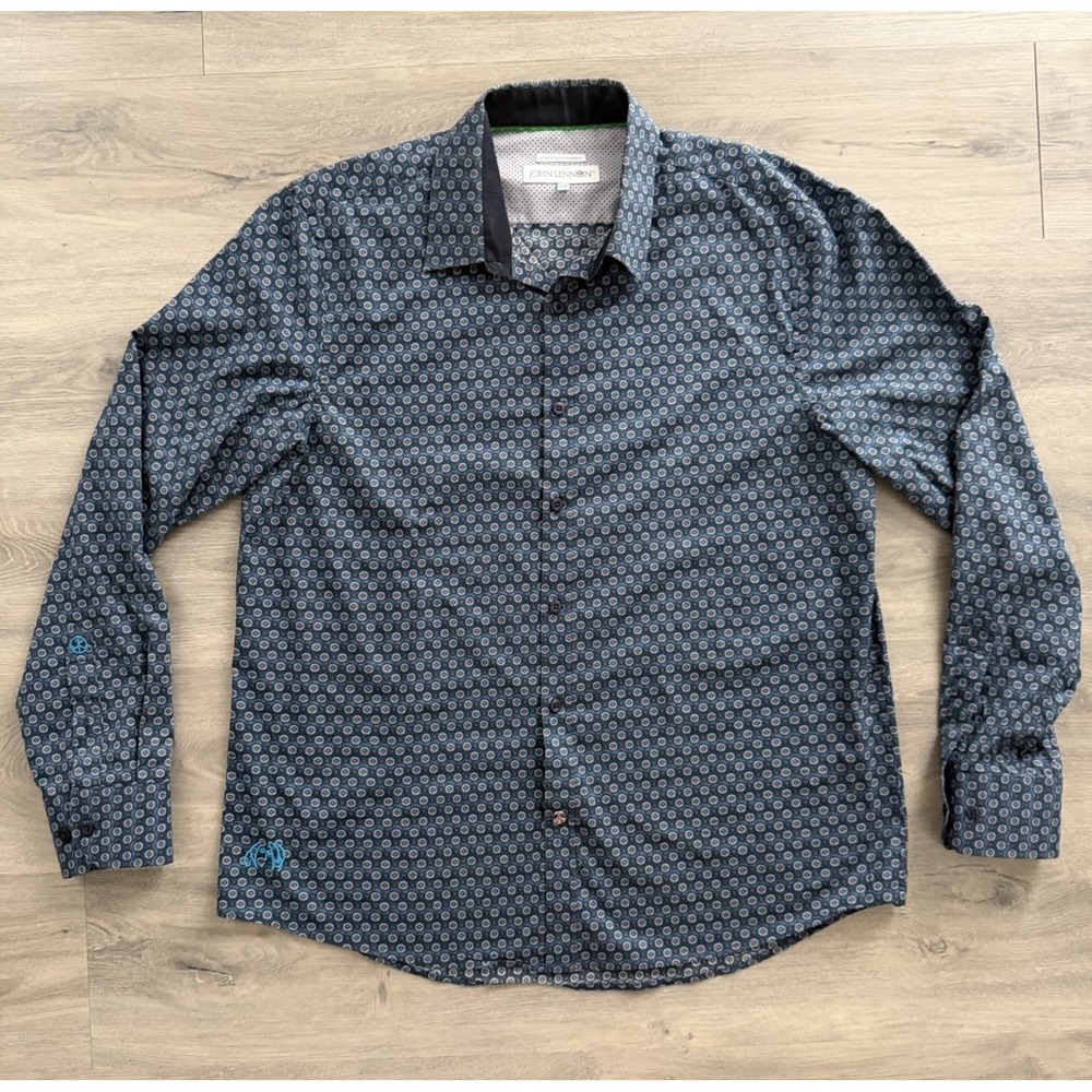 John Lennon Men's Large Blue Polka Dot  Button Down Stretch Extensible Shirt